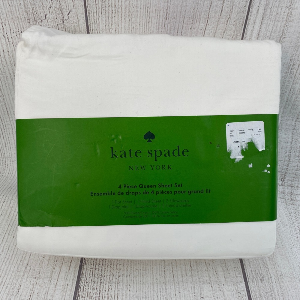 Kate Spade Sheet Set Queen White 300TC Cotton Eyelet Trim Crisp Minimalist